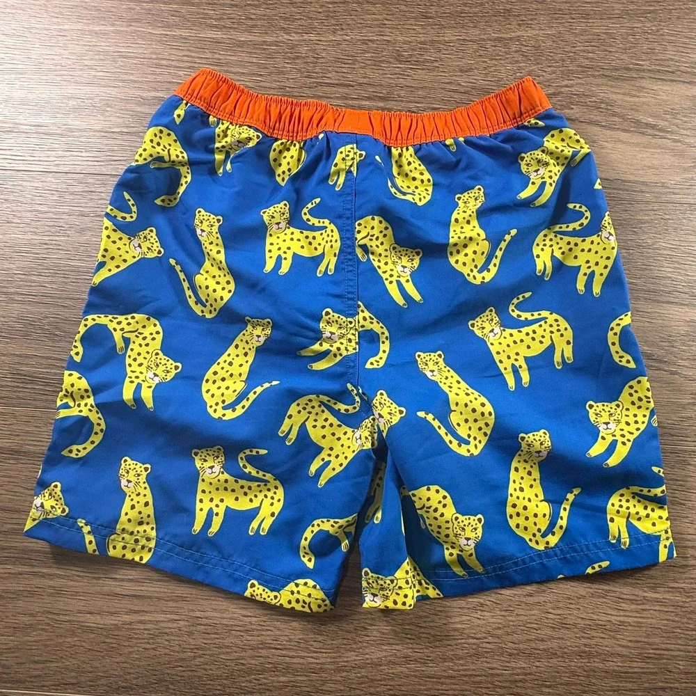 Mini Boden Boys Blue Leopard Print Swim Trunks Shorts Size 9-10Y Mesh Liner